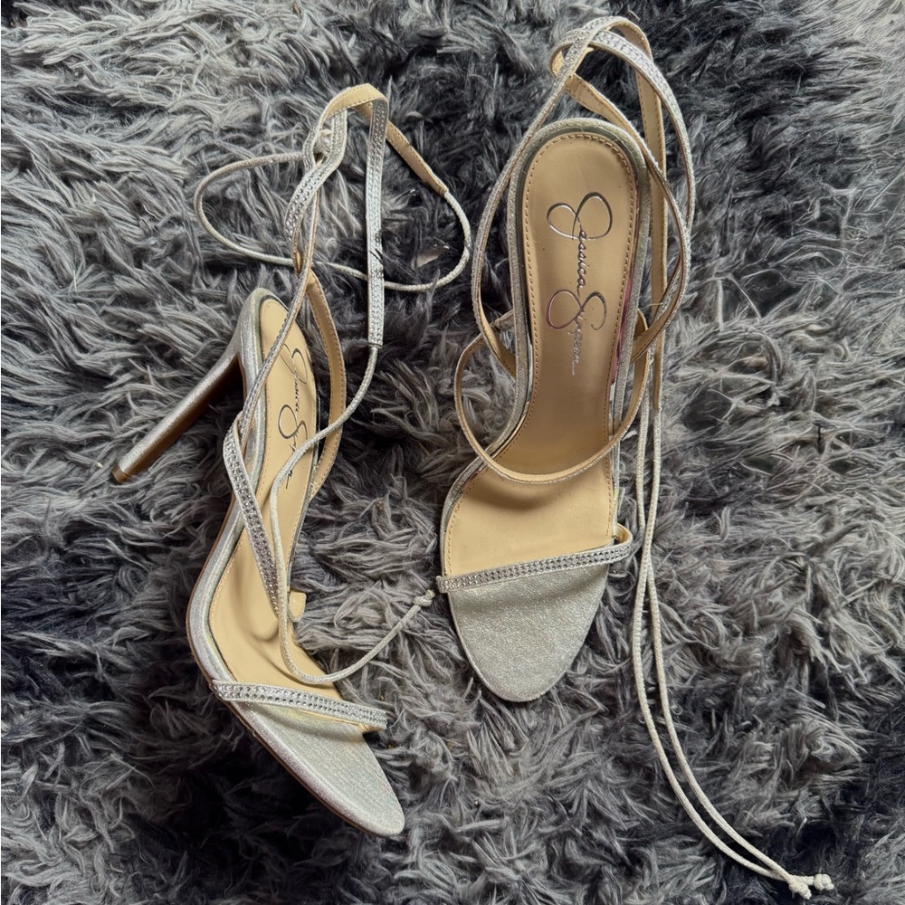 Jessica Simpson Silver Metallic Lace-Up Stiletto Sandals